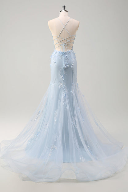 Plus Size Sparkly Blue Floral Mermaid Long Prom Dress with 3D Flowers