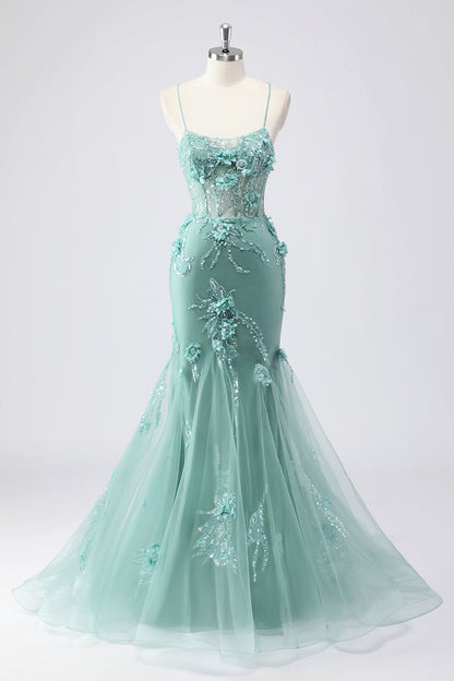 Plus Size Sparkly Blue Floral Mermaid Long Prom Dress with 3D Flowers