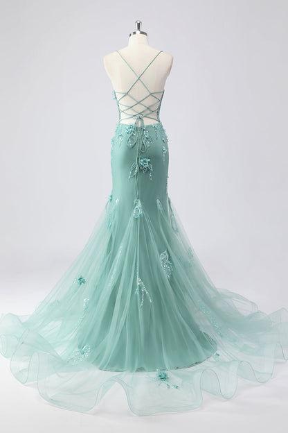 Plus Size Sparkly Blue Floral Mermaid Long Prom Dress with 3D Flowers