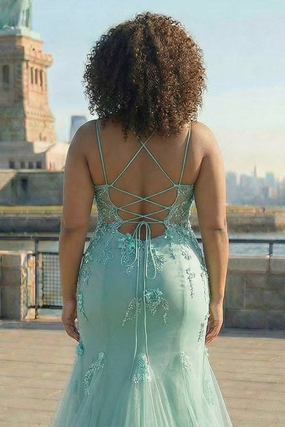 Plus Size Sparkly Blue Floral Mermaid Long Prom Dress with 3D Flowers