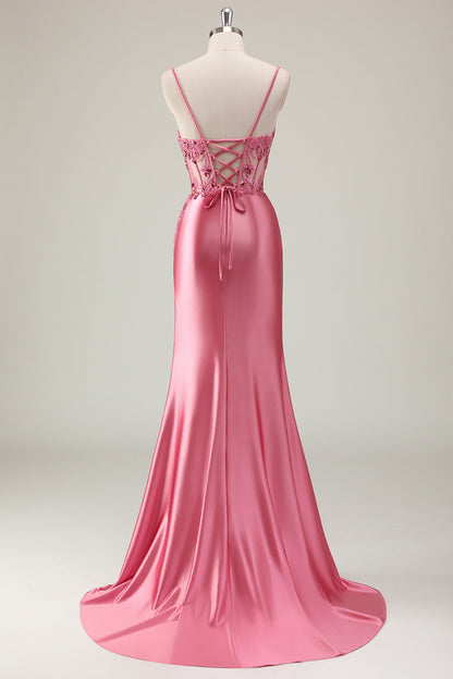 Plus Size Sparkly Coral Satin Mermaid Long Corset Prom Dress with Slit