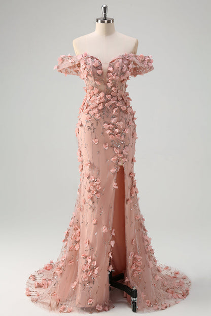 Plus Size Floral Blush Off the Shoulder Mermaid  Slit Long Prom Dress