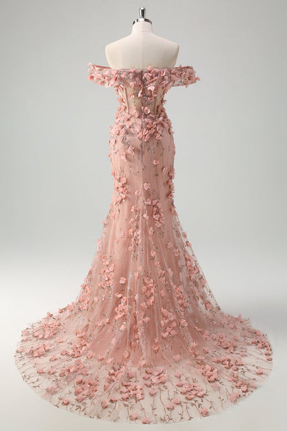 Plus Size Floral Blush Off the Shoulder Mermaid  Slit Long Prom Dress