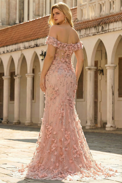 Plus Size Floral Blush Off the Shoulder Mermaid  Slit Long Prom Dress