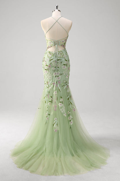Green Plus Size Floral Mermaid Appliqued Long Corset Prom Dress with Slit