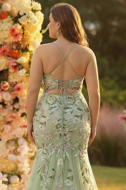 Green Plus Size Floral Mermaid Appliqued Long Corset Prom Dress with Slit