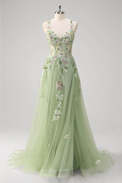 Plus Size Sparkly Green Sequins Embroidered Long Corset Prom Dress With Slit