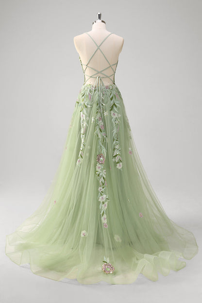 Plus Size Sparkly Green Sequins Embroidered Long Corset Prom Dress With Slit