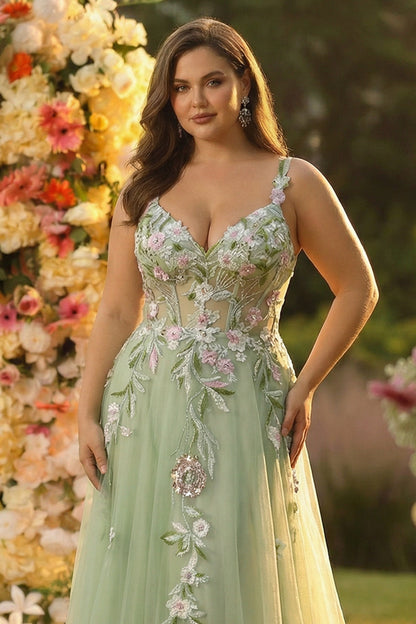Plus Size Sparkly Green Sequins Embroidered Long Corset Prom Dress With Slit