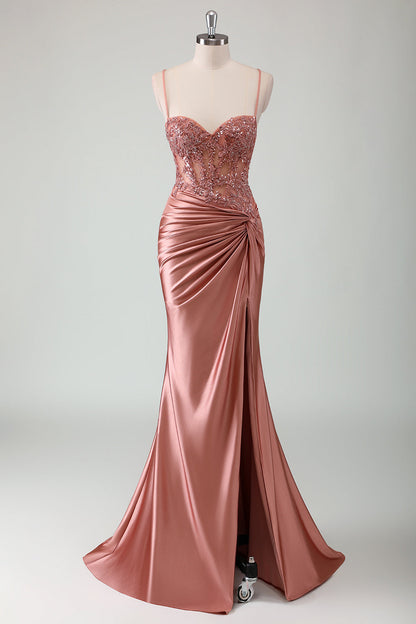 Plus Size Dusty Rose Spaghetti Straps Mermaid Sweetheart Prom Dress with Slit