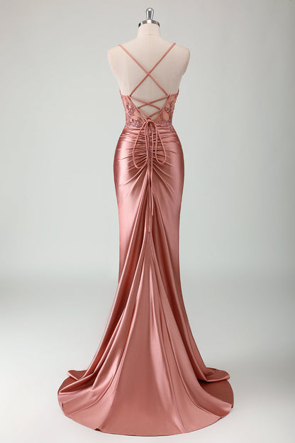 Plus Size Dusty Rose Spaghetti Straps Mermaid Sweetheart Prom Dress with Slit