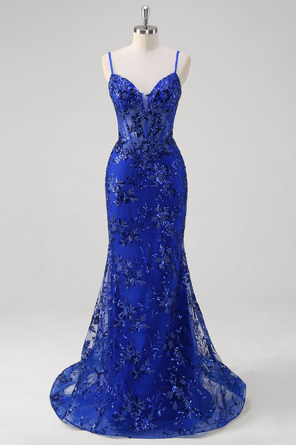 Plus Size Sparkly Mermaid Royal Blue Spaghetti Straps Sequin Long Corset Prom Dress