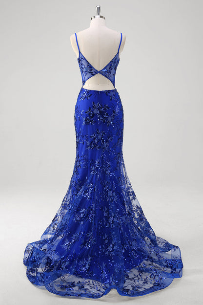 Plus Size Sparkly Mermaid Royal Blue Spaghetti Straps Sequin Long Corset Prom Dress