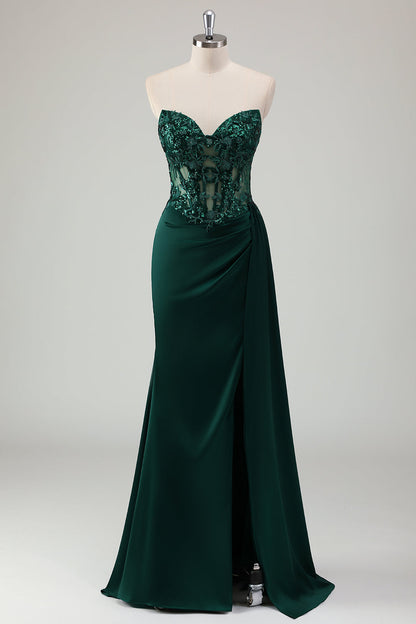 Sparkly Dark Green Plus Size Sheath Long Corset Lace Prom Dress with Slit