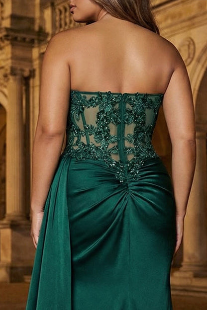 Sparkly Dark Green Plus Size Sheath Long Corset Lace Prom Dress with Slit