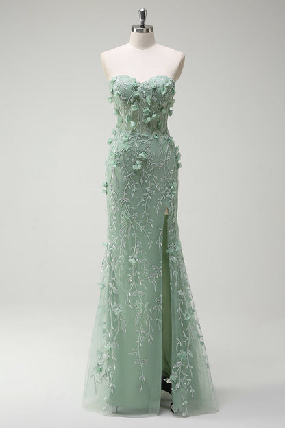 Plus Size Sage Mermaid Sweetheart Floral Appliqued Long Prom Dress with Slit