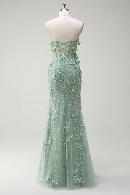 Plus Size Sage Mermaid Sweetheart Floral Appliqued Long Prom Dress with Slit