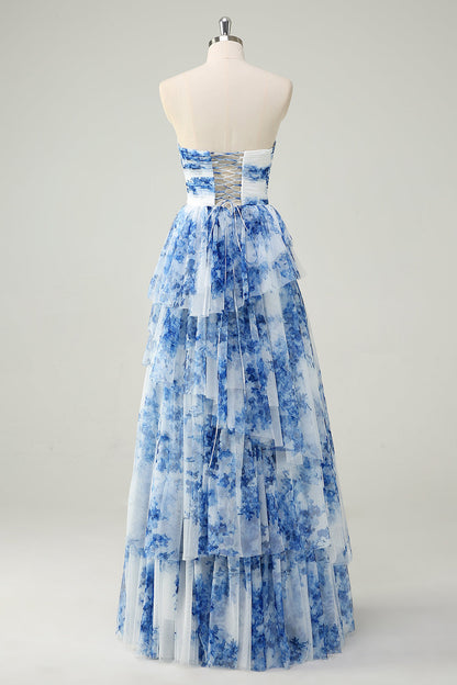 White Blue Floral Floral A-Line Strapless Tiered Long Prom Dress with Bows