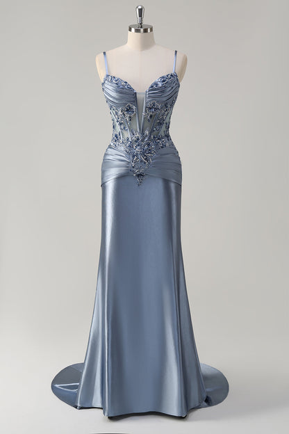 Plus Size Grey Blue Floral Spaghetti Straps Mermaid Long Prom Dress with Appliques