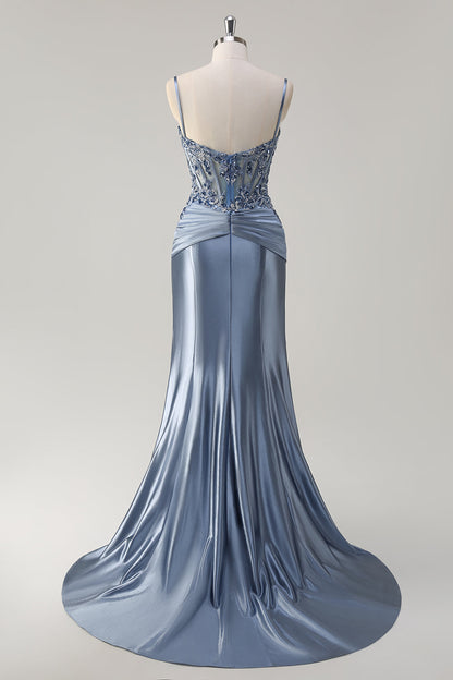 Plus Size Grey Blue Floral Spaghetti Straps Mermaid Long Prom Dress with Appliques