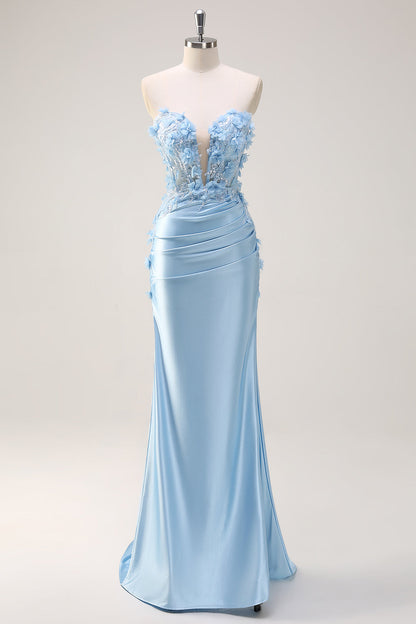 Plus Size Sky Blue Sheath Floral Sweetheart Long Prom Dress with Slit