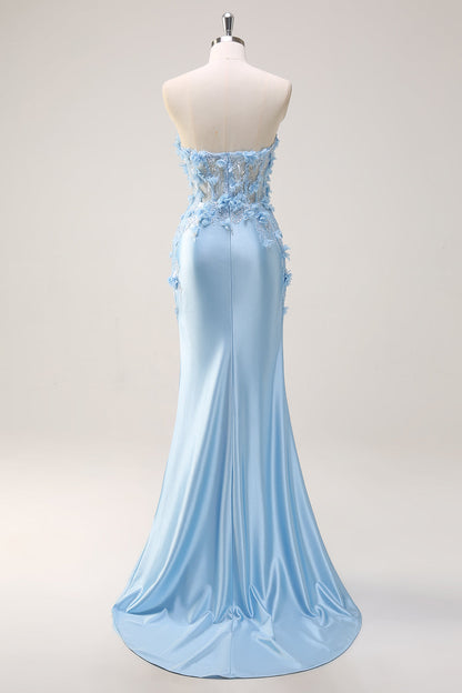 Plus Size Sky Blue Sheath Floral Sweetheart Long Prom Dress with Slit