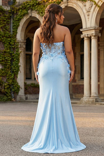 Plus Size Sky Blue Sheath Floral Sweetheart Long Prom Dress with Slit