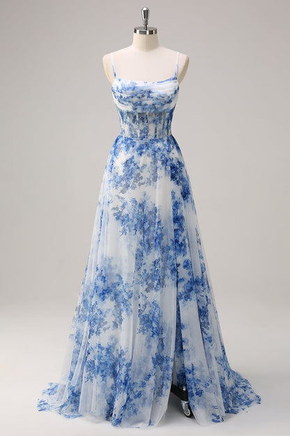 White Blue Floral Plus Size Spaghetti Straps Ruched Corset Long Prom Dress With Slit