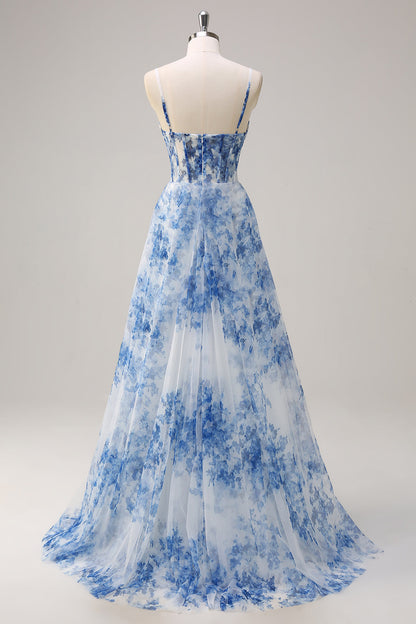 White Blue Floral Plus Size Spaghetti Straps Ruched Corset Long Prom Dress With Slit