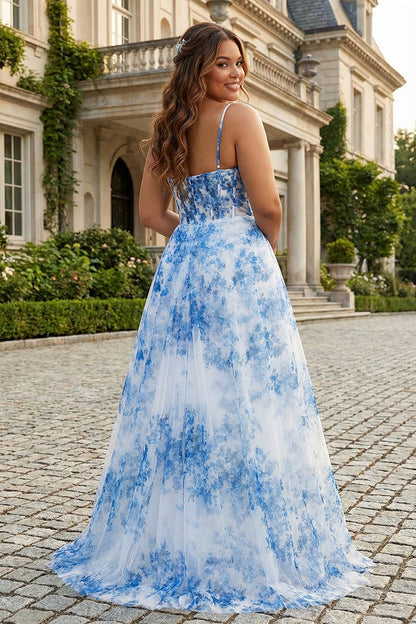White Blue Floral Plus Size Spaghetti Straps Ruched Corset Long Prom Dress With Slit