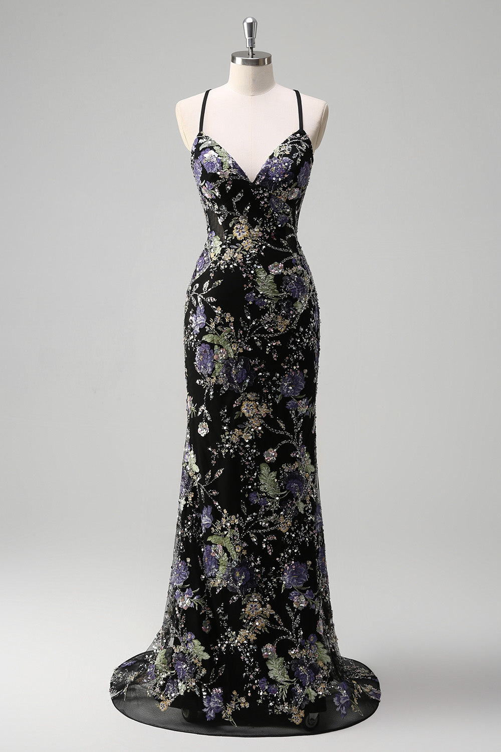Plus Size Floral Sparkly Blue Beaded Mermaid Long Prom Dress with Sequins