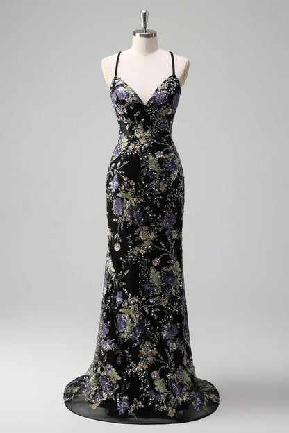 Plus Size Floral Sparkly Blue Beaded Mermaid Long Prom Dress with Sequins