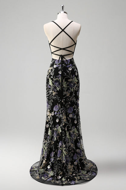 Plus Size Floral Sparkly Blue Beaded Mermaid Long Prom Dress with Sequins