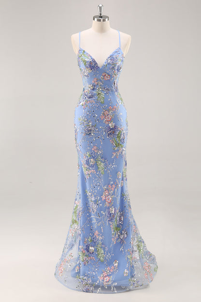Plus Size Floral Sparkly Blue Beaded Mermaid Long Prom Dress with Sequins