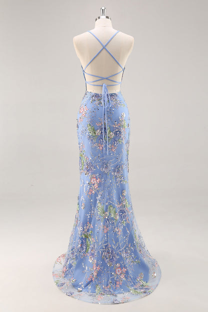 Plus Size Floral Sparkly Blue Beaded Mermaid Long Prom Dress with Sequins