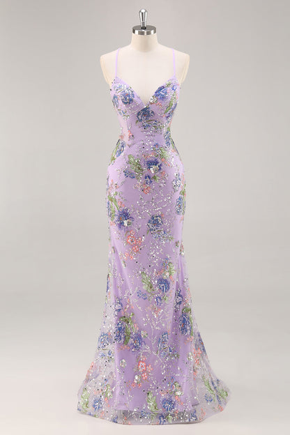 Plus Size Floral Sparkly Blue Beaded Mermaid Long Prom Dress with Sequins