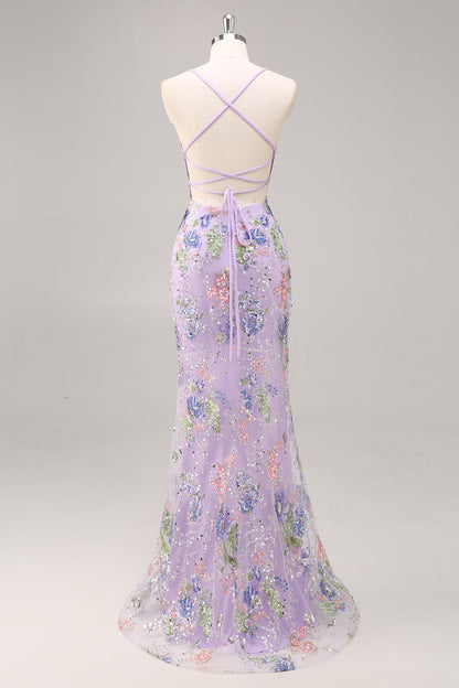 Plus Size Floral Sparkly Blue Beaded Mermaid Long Prom Dress with Sequins