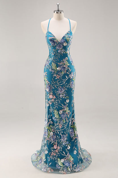 Plus Size Floral Sparkly Blue Beaded Mermaid Long Prom Dress with Sequins