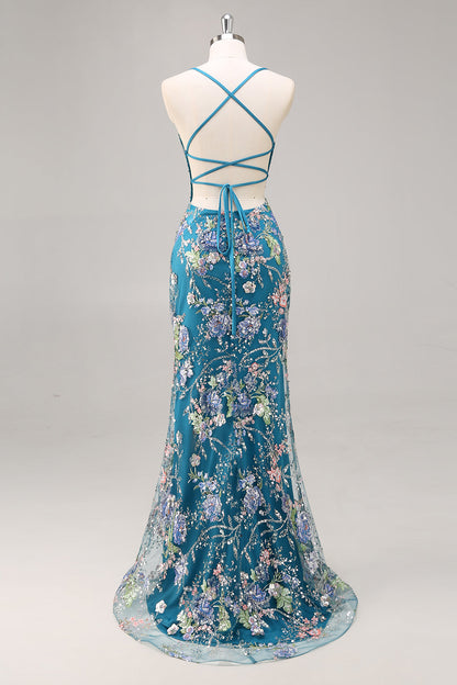 Plus Size Floral Sparkly Blue Beaded Mermaid Long Prom Dress with Sequins