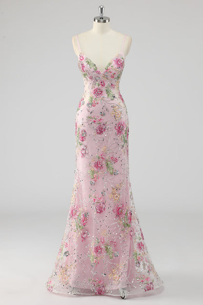 Plus Size Sparkly Floral Pink Mermaid Beaded Sequins Long Prom Dress