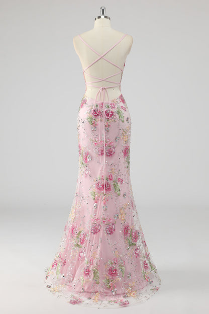Plus Size Sparkly Floral Pink Mermaid Beaded Sequins Long Prom Dress