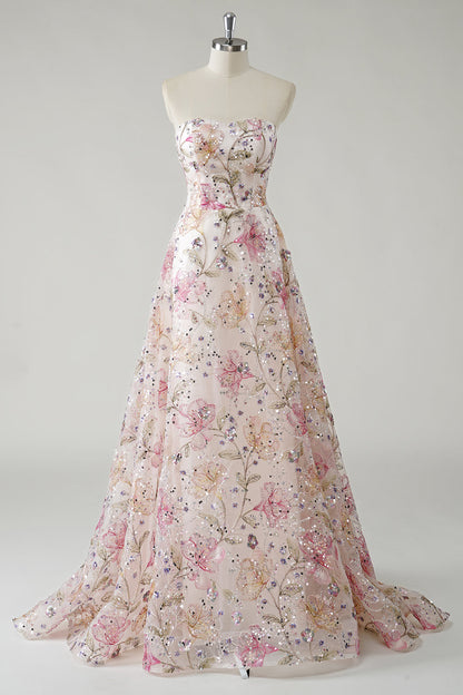Sparkly Floral Pink Plus Size A Line Strapless Long Prom Dress