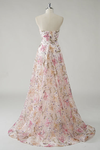 Sparkly Floral Pink Plus Size A Line Strapless Long Prom Dress