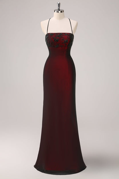 Sparkly Black Red Mermaid Spaghetti Straps Long Bridesmaid Dress with Beading