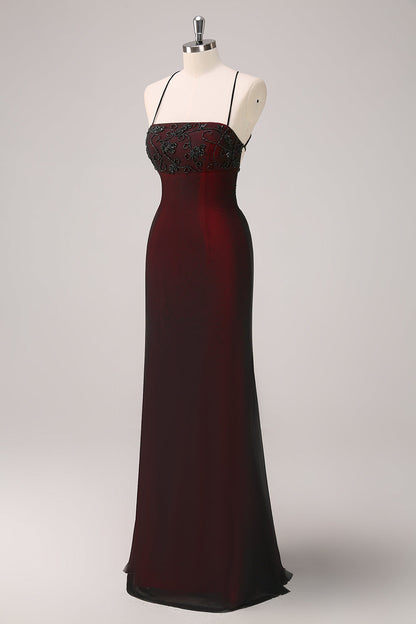 Sparkly Black Red Mermaid Spaghetti Straps Long Bridesmaid Dress with Beading