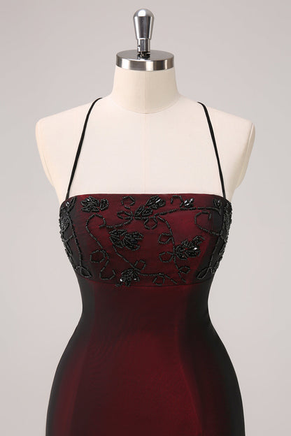 Sparkly Black Red Mermaid Spaghetti Straps Long Bridesmaid Dress with Beading
