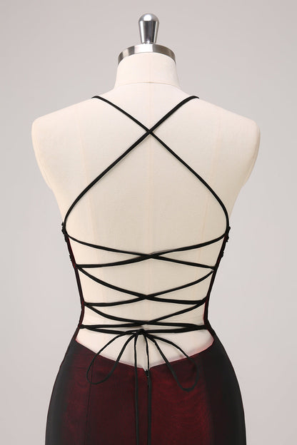 Sparkly Black Red Mermaid Spaghetti Straps Long Bridesmaid Dress with Beading