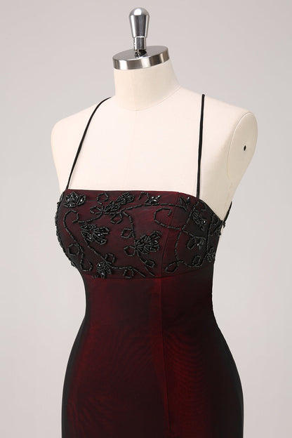 Sparkly Black Red Mermaid Spaghetti Straps Long Bridesmaid Dress with Beading