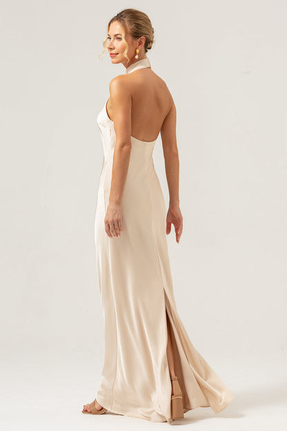 Halter Sheath Champagne Long Bridesmaid Dress with Back Slit