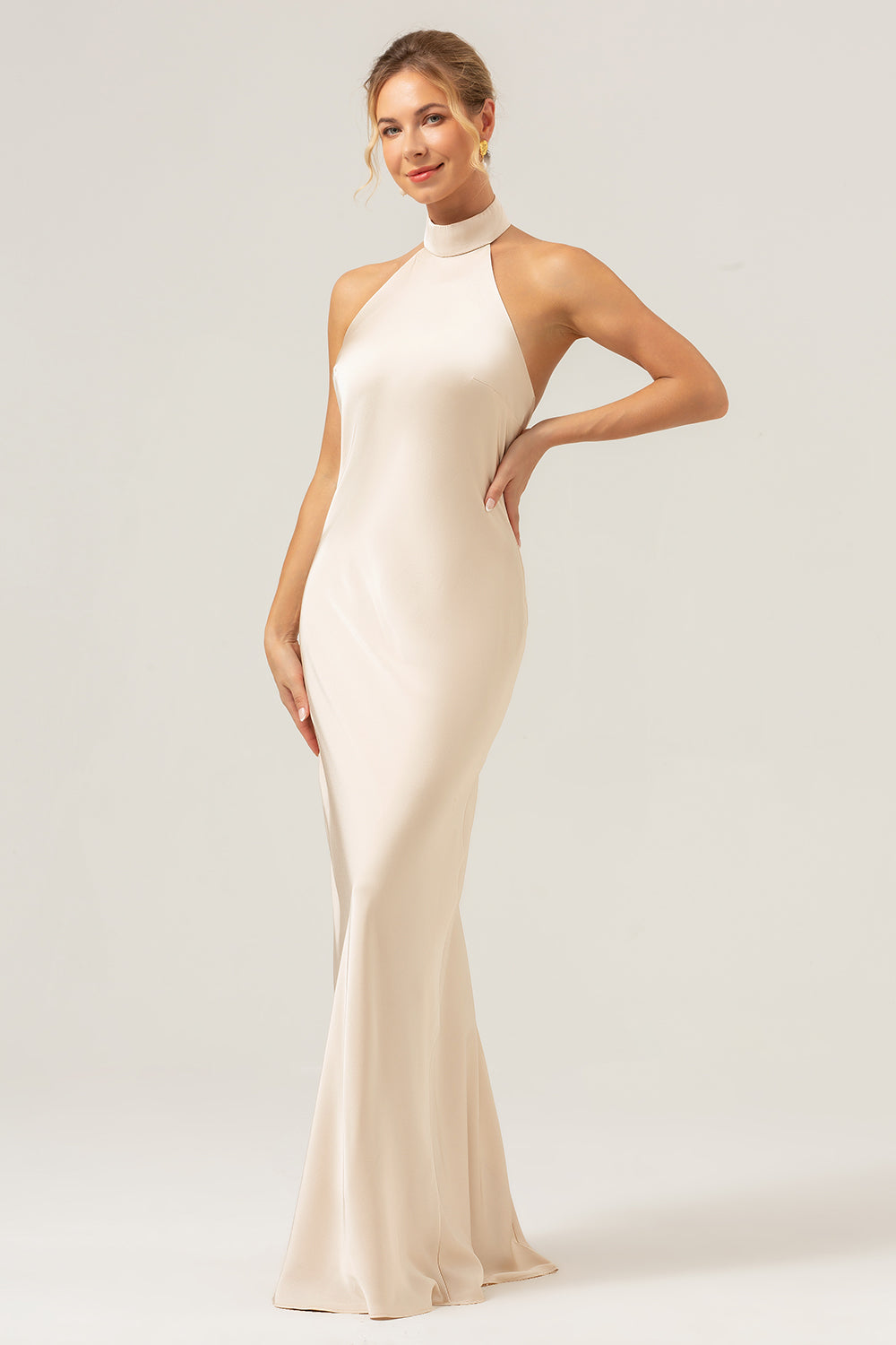 Champagne Halter Long Bridesmaid Dress with Back Slit